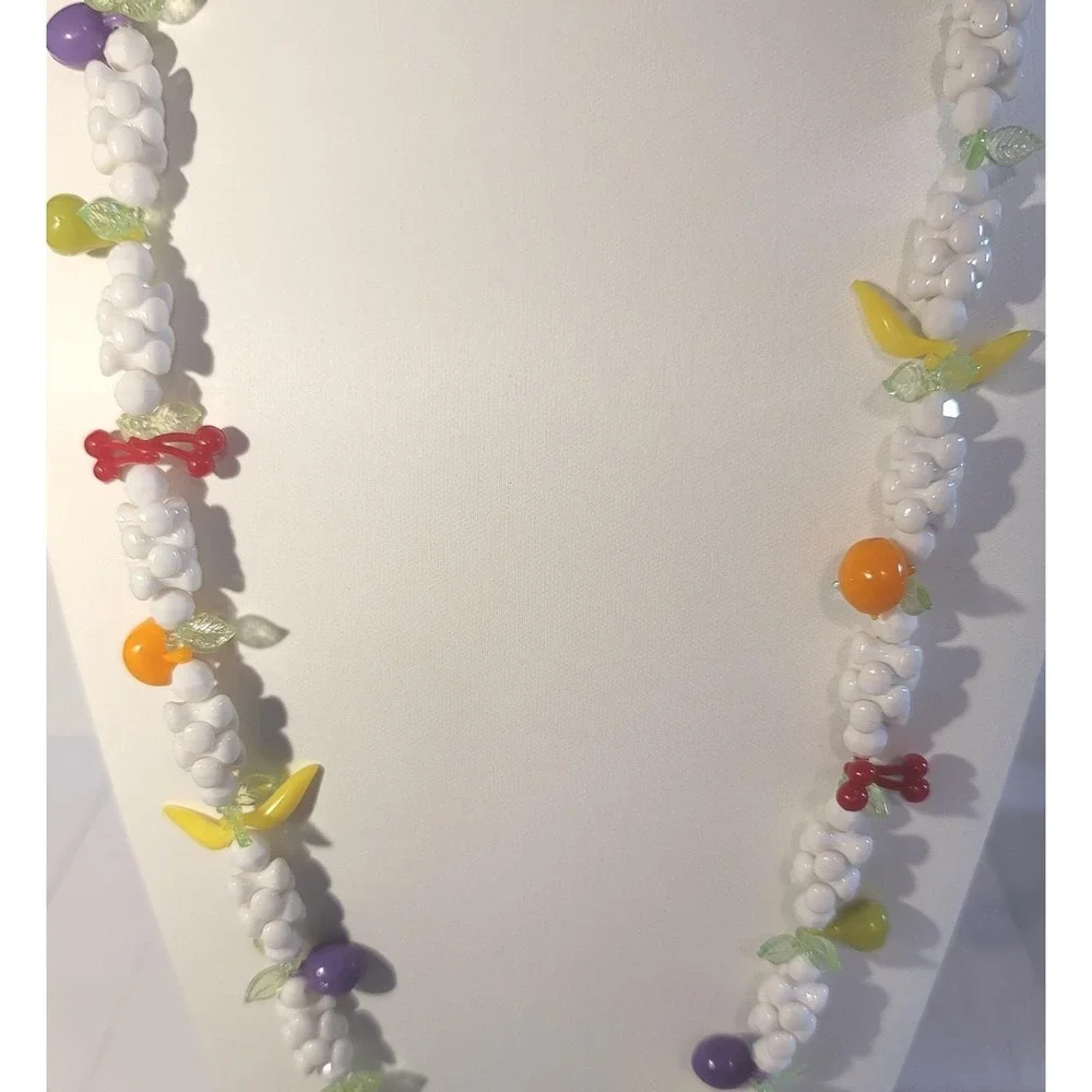 Vintage Fruit Salad Plastic Popcorn Beaded Necklace Apples Cherries Bananas Plum